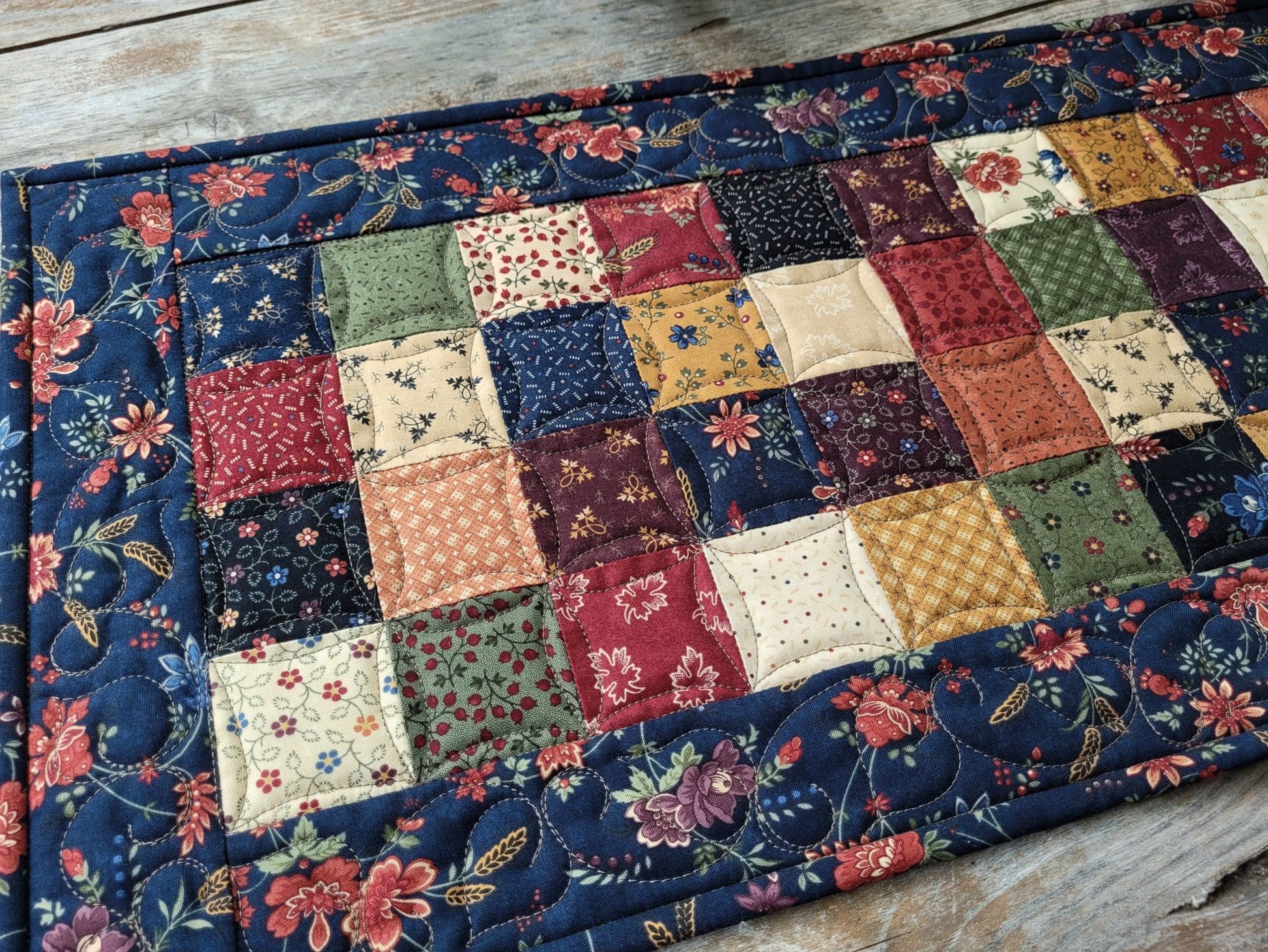 navy blue floral table runner quilt