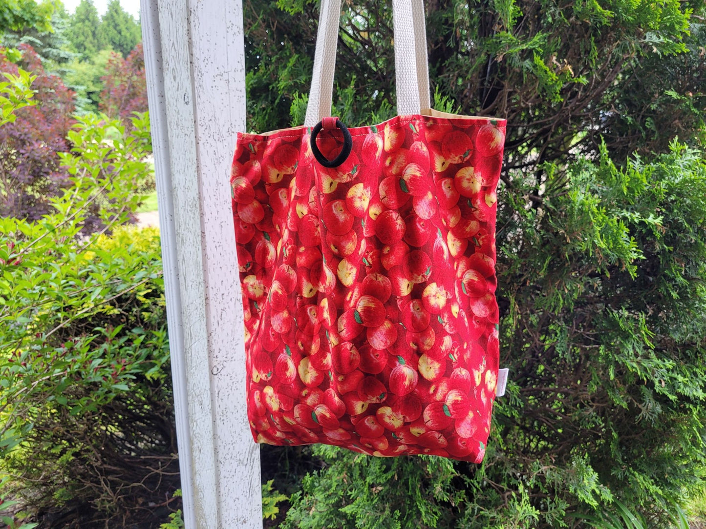 large reusable shopping market bag in red apple fabric