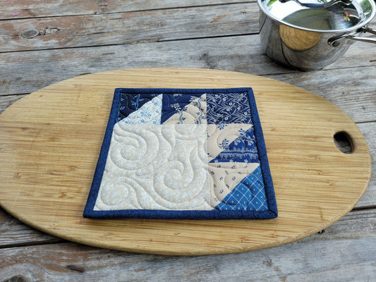 blue patchwork quilted pot holder