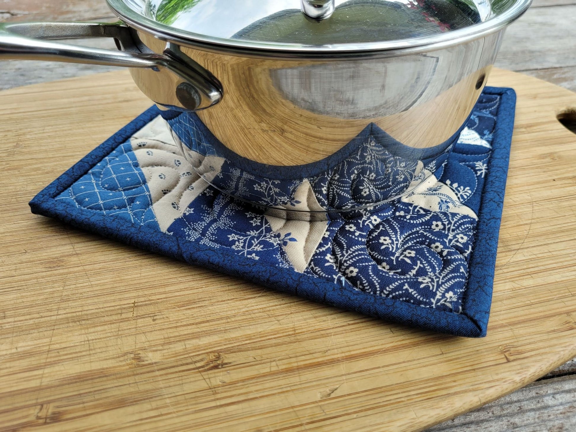 quilted hot mat shown under a small size saucepan