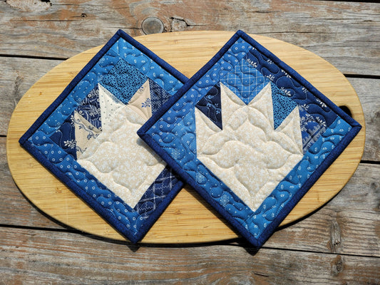 quilted potholder in blue bear paw design