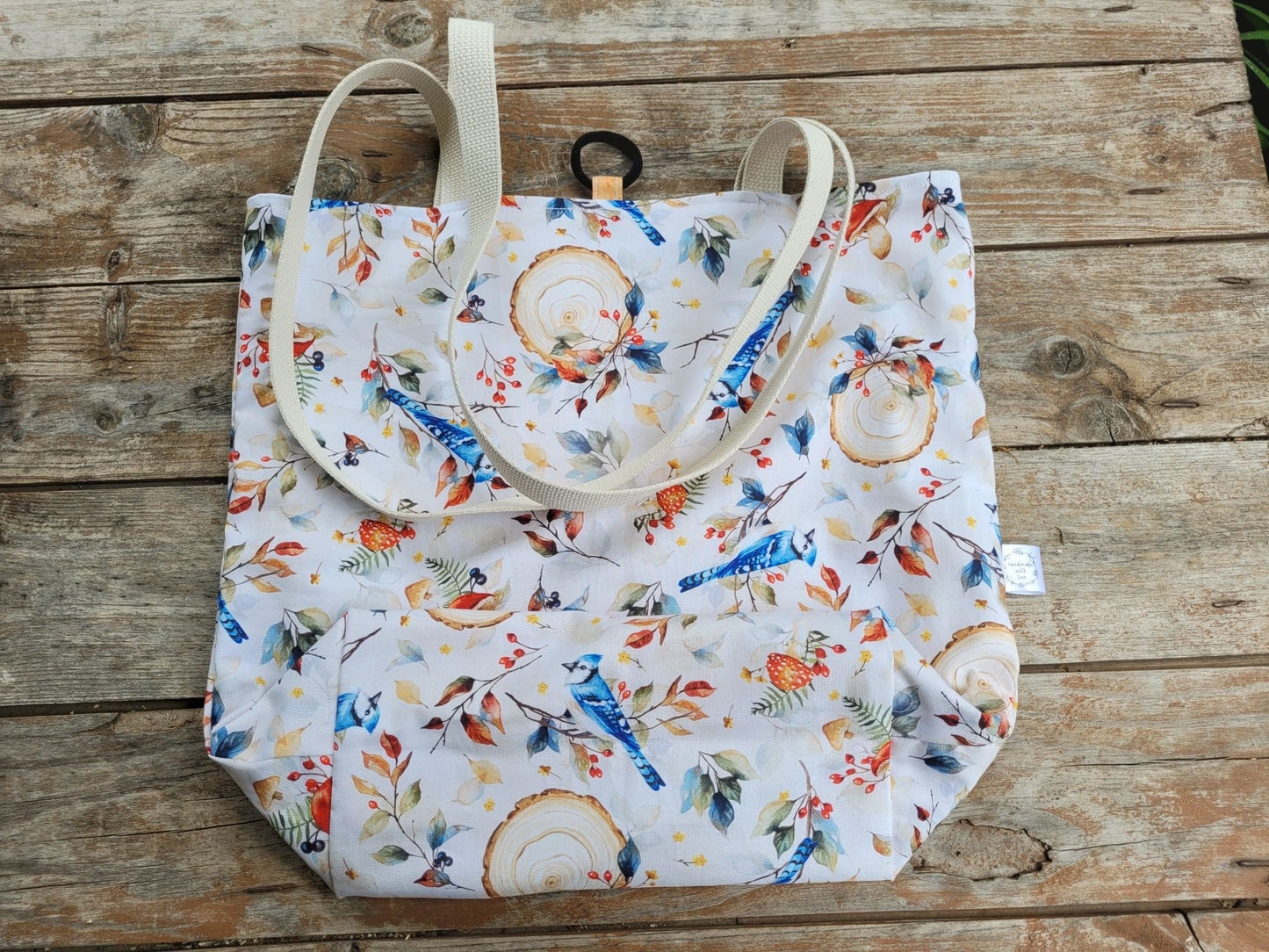 woodland blue jay tote bag