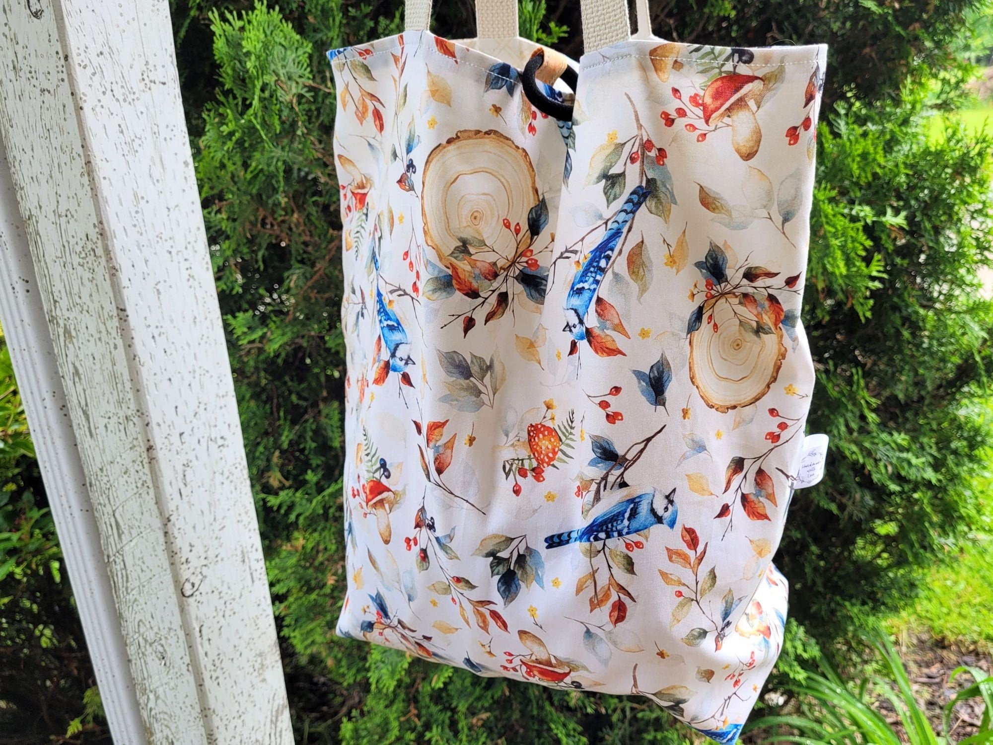 Basic Tote Bag Reusable Compact Shopping Bag for your Purse with Woodland Blue Jay Birds