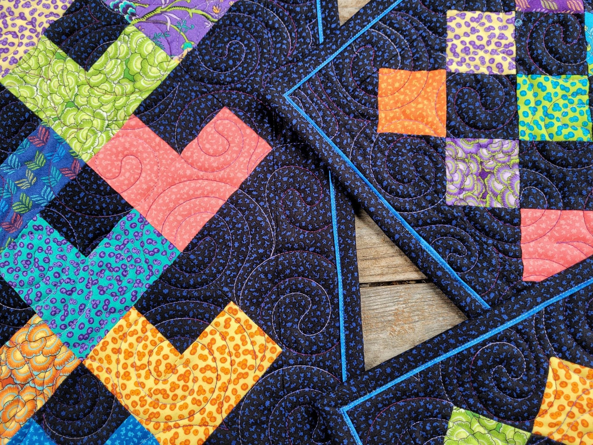 Bright Wall Quilt with Matching Table Toppers with Patchwork Hearts