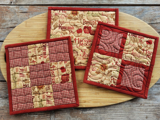 quilted potholders in red gingham fabric