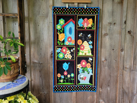 Bright Summer Wall Quilt with Bees and Birds, Quilted Door Banner