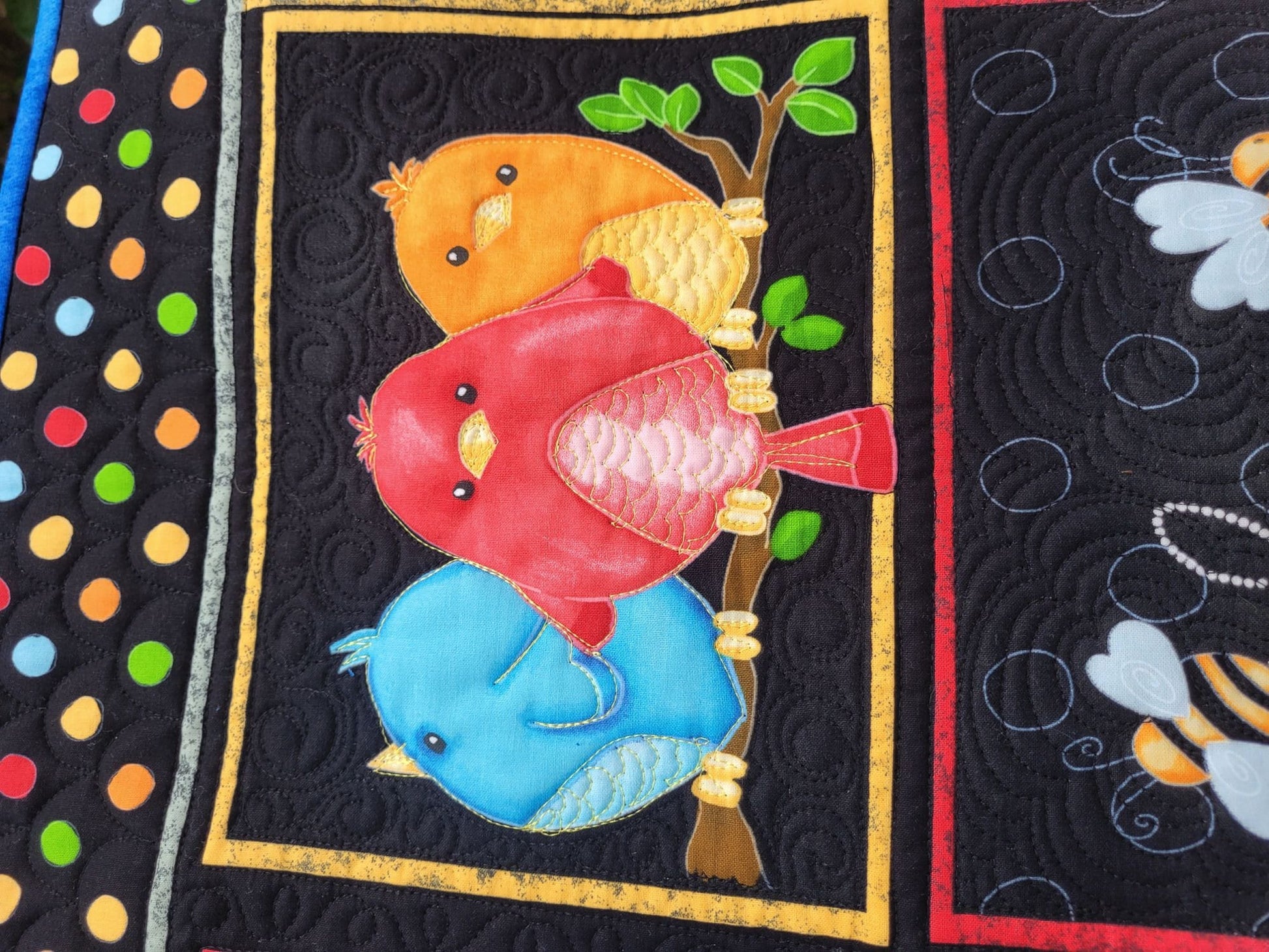 Bright Summer Wall Quilt with Bees and Birds, Quilted Door Banner