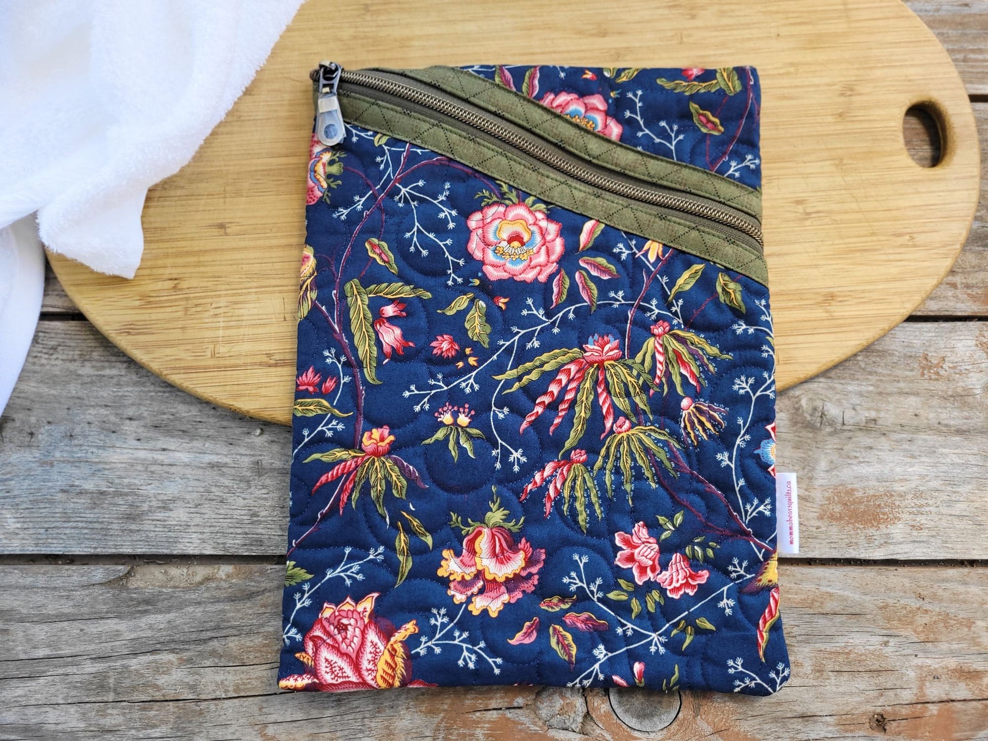 navy blue floral quilted zipper pouch