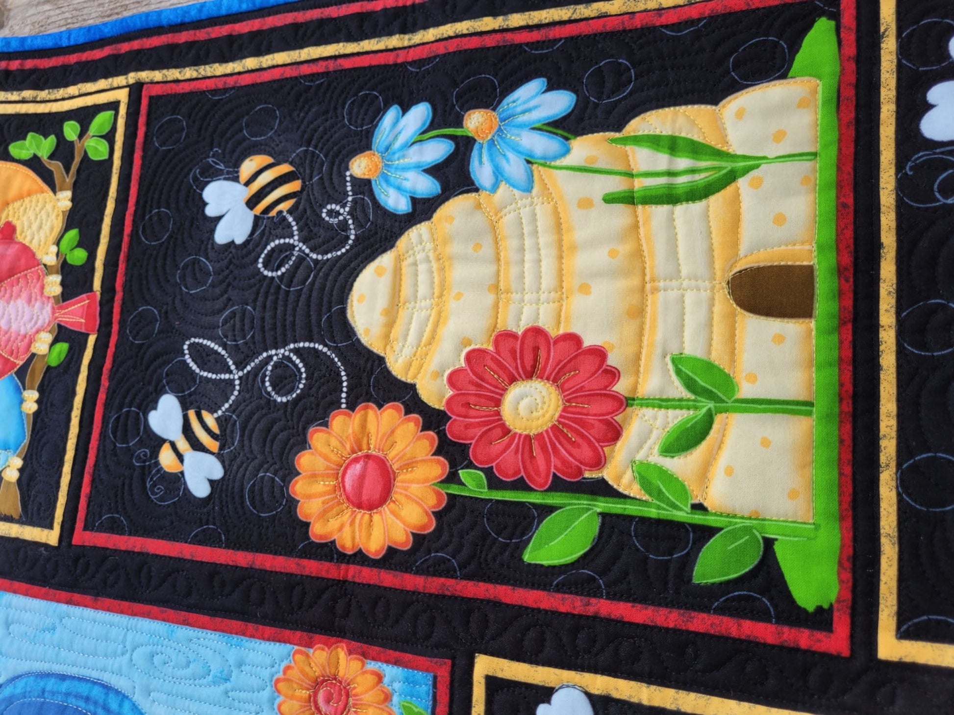 Bright Summer Wall Quilt with Bees and Birds, Quilted Door Banner