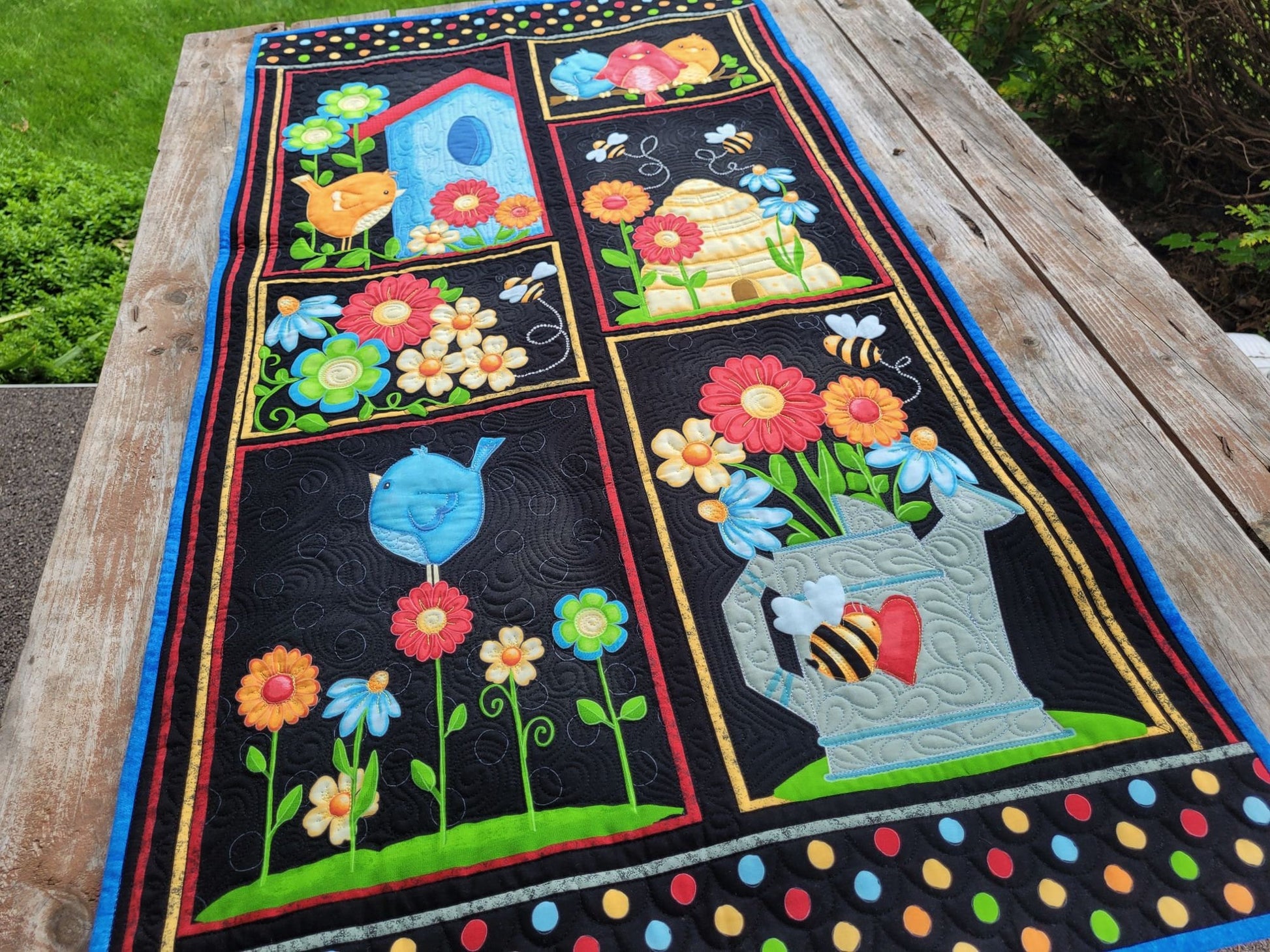 Bright Summer Wall Quilt with Bees and Birds, Quilted Door Banner