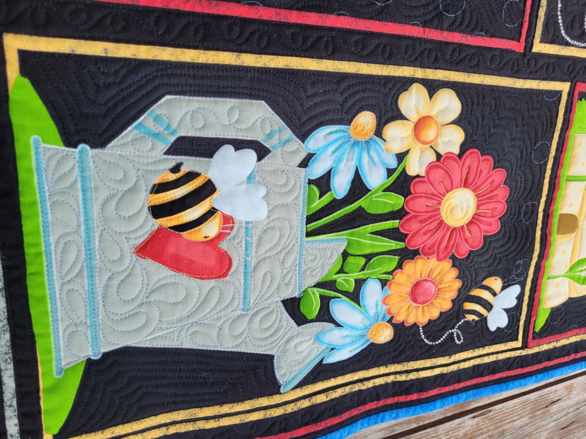 Bright Summer Wall Quilt with Bees and Birds, Quilted Door Banner