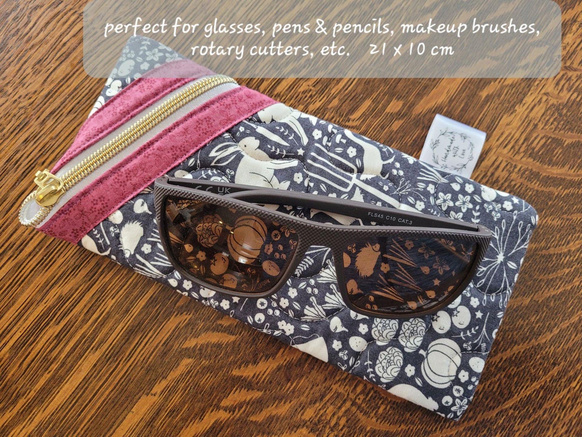 quilted zipper pouch for sunglasses or eye glasses.