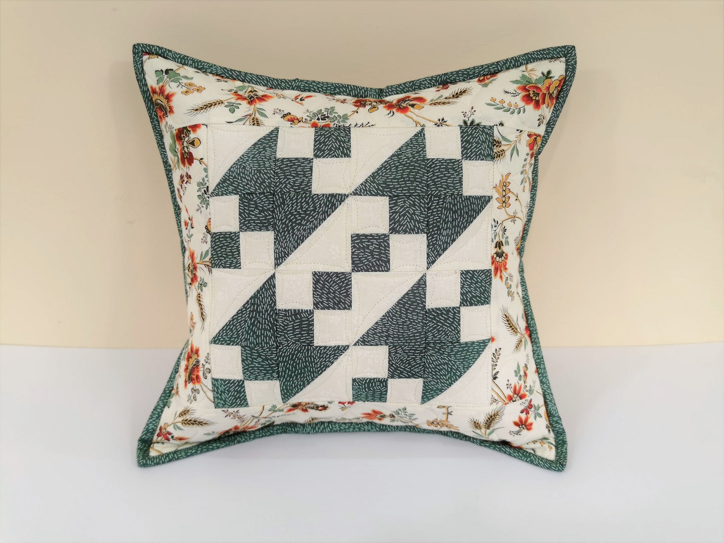 Teal Patchwork Pillow with Floral Accents, 12 inch square Quilted Pillow