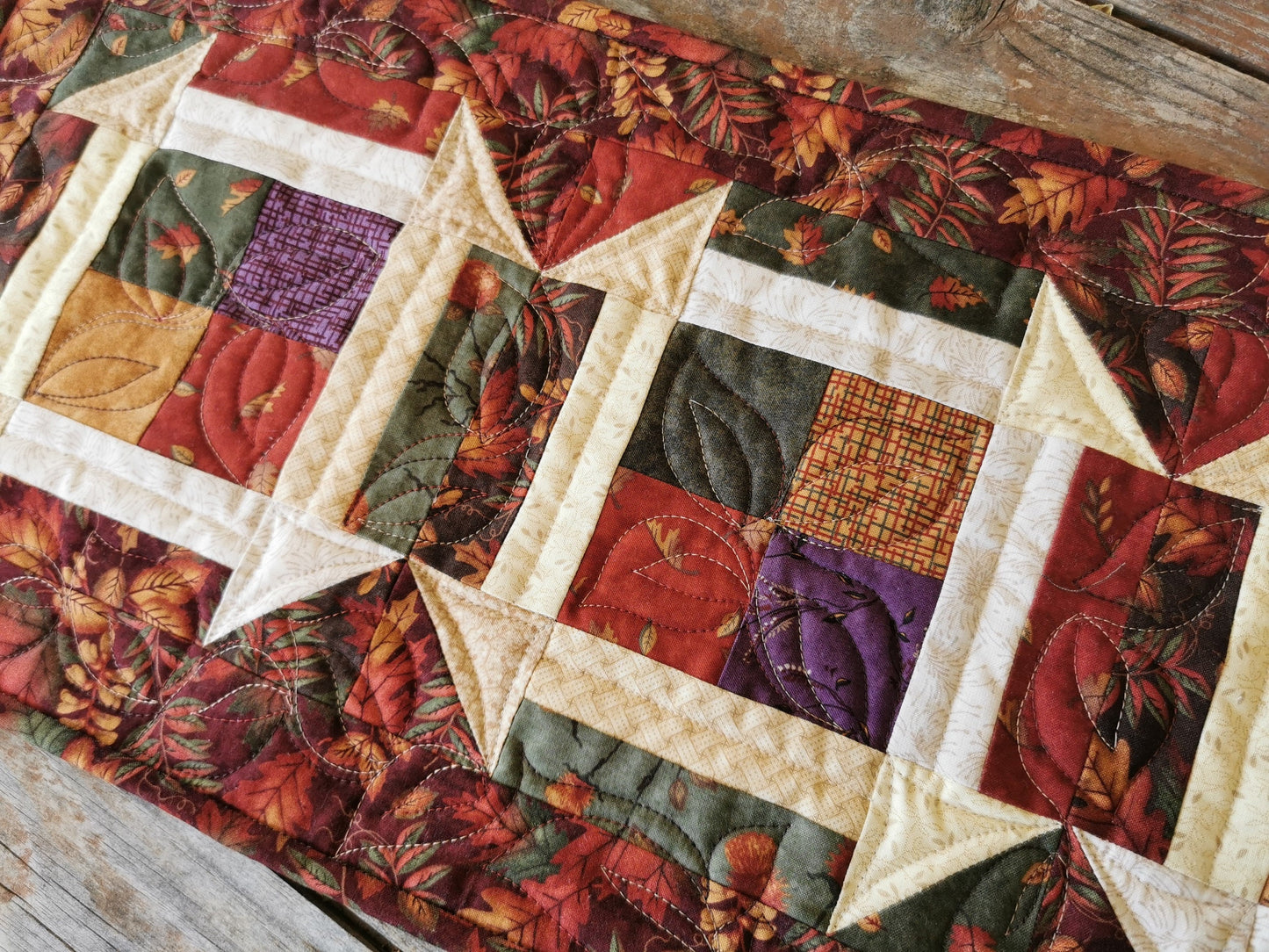 Rustic Fall Leaf Quilted Table Runner, Patchwork Churn & Dash Scrap Quilt, Farmhouse Decor
