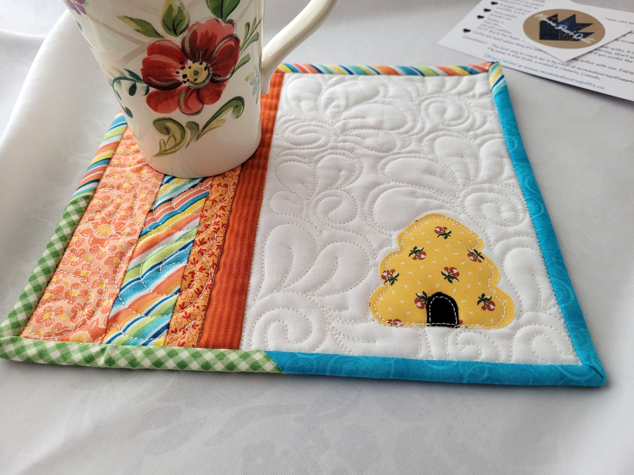 Bee Skep Mini Quilt Quilted Desk Coaster Bee Mug Rug Made in