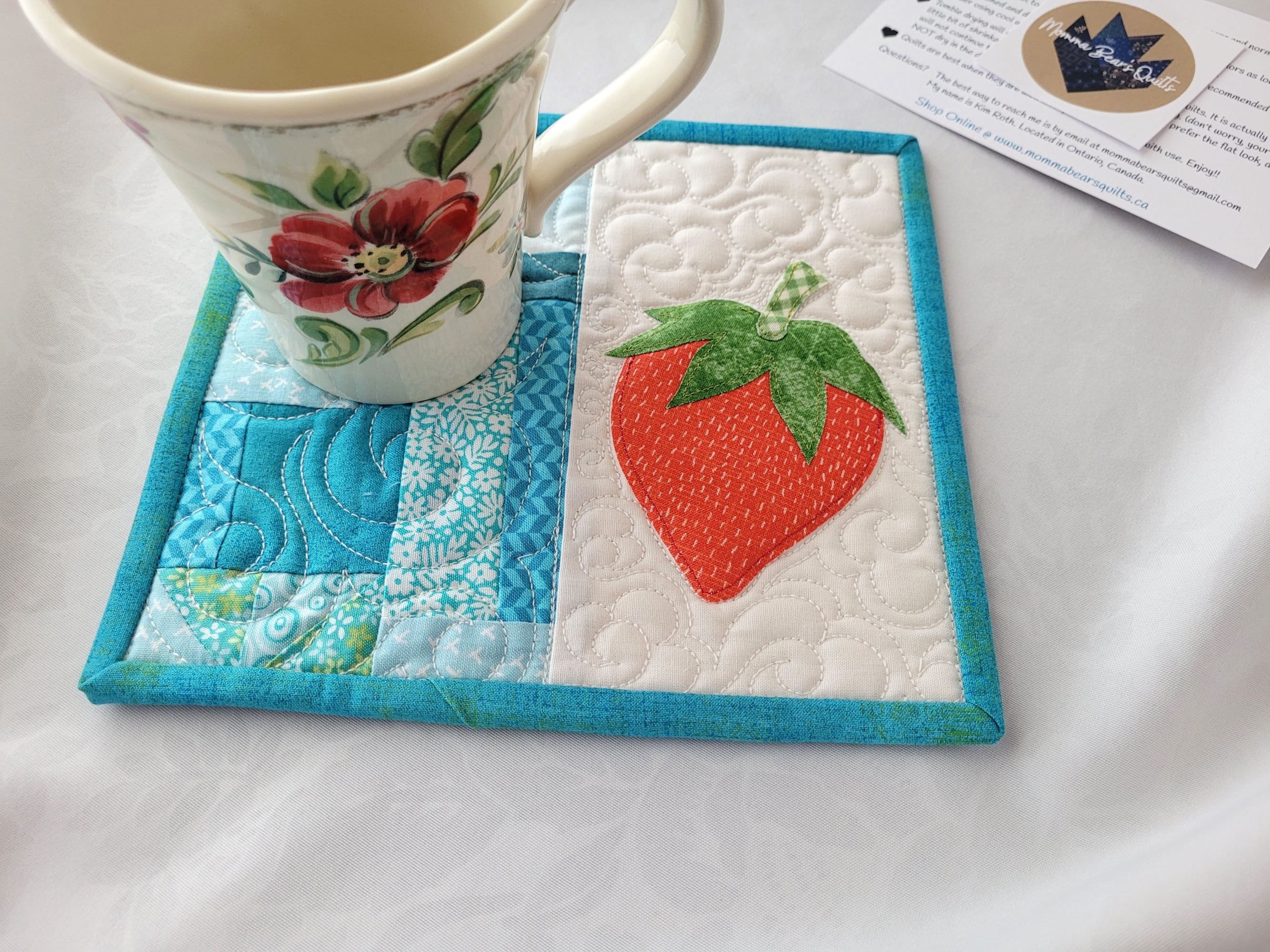 Strawberry Mug Rug Mini Quilt | Quilted Desk Coaster | Mouse Pad