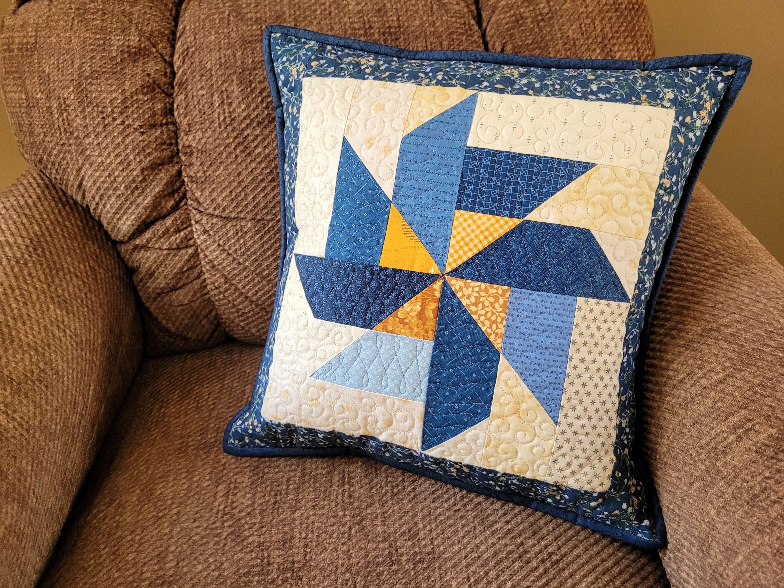 Blue Patchwork Pillow Scrappy Pinwheel Quilted Sofa Throw Cushion Momma Bears Quilts